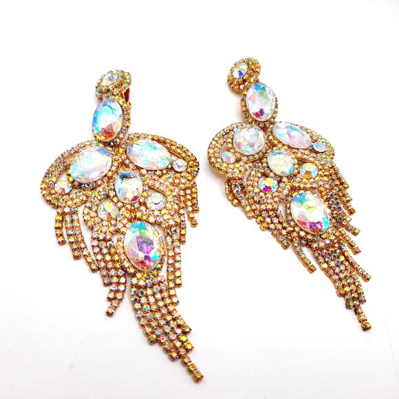 Runway Aurora Borealis Rhinestone Earrings Gold Tone Long Clip On Statement - Picture 4 of 9